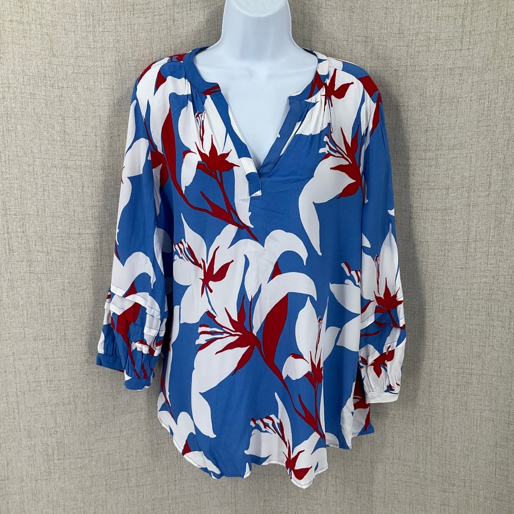 Liz Claiborne Blouse Women Large Blue Floral 3/4 Sleeve Split Neck Boho Bold NEW